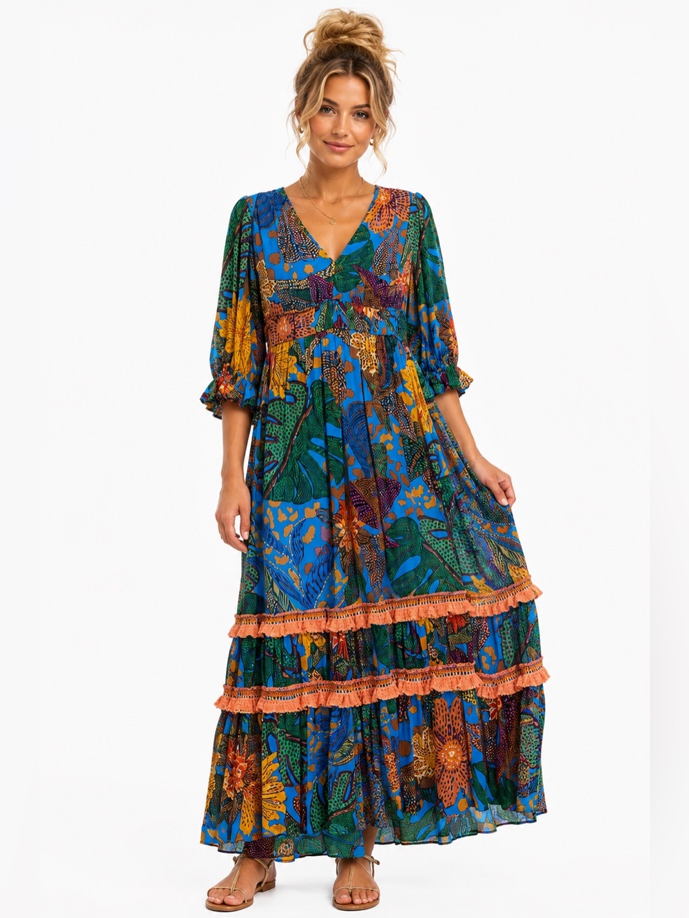 FARM Rio Blue Green Floral Maxi Dress with Orange Accents - Picture 2 of 6